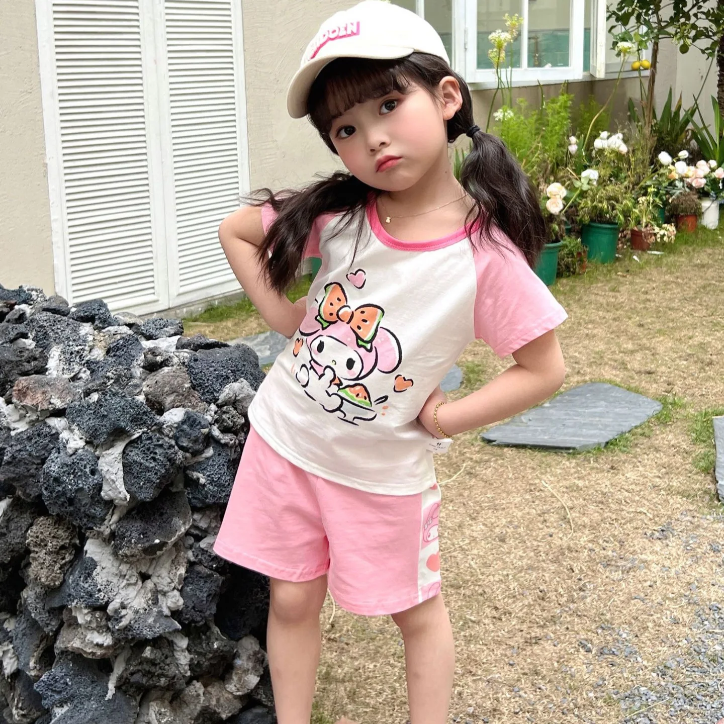 Sanrioed Melodie Cinnamoroll Kids Korte Mouw Kuromi Jongen Meisjes Korte Mouw Shorts 2 Stuks Katoen Zomer T-Shirt Sport Casual Pak