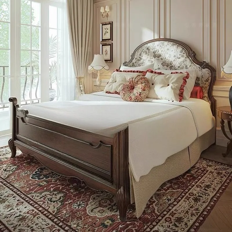 

French retro solid wood bed/soft bag printed master bedroom double bed/carved single bed