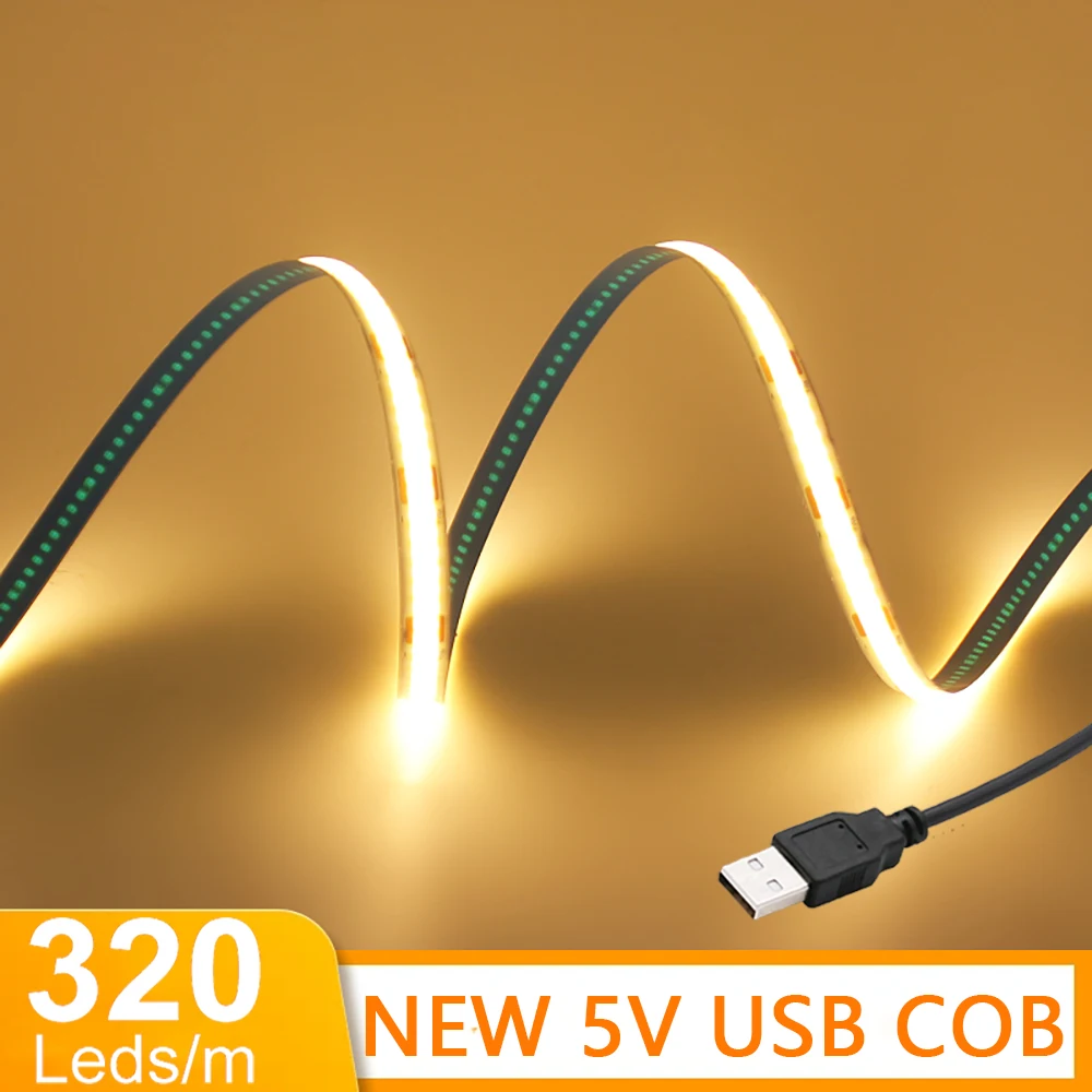 5V 8mm PCB USB COB LED Strip Light 320 LEDs White/Red/Green/Pink/Ice Blue/Yellow Ribbon Flexible Tape Night Lamp TV Backlights