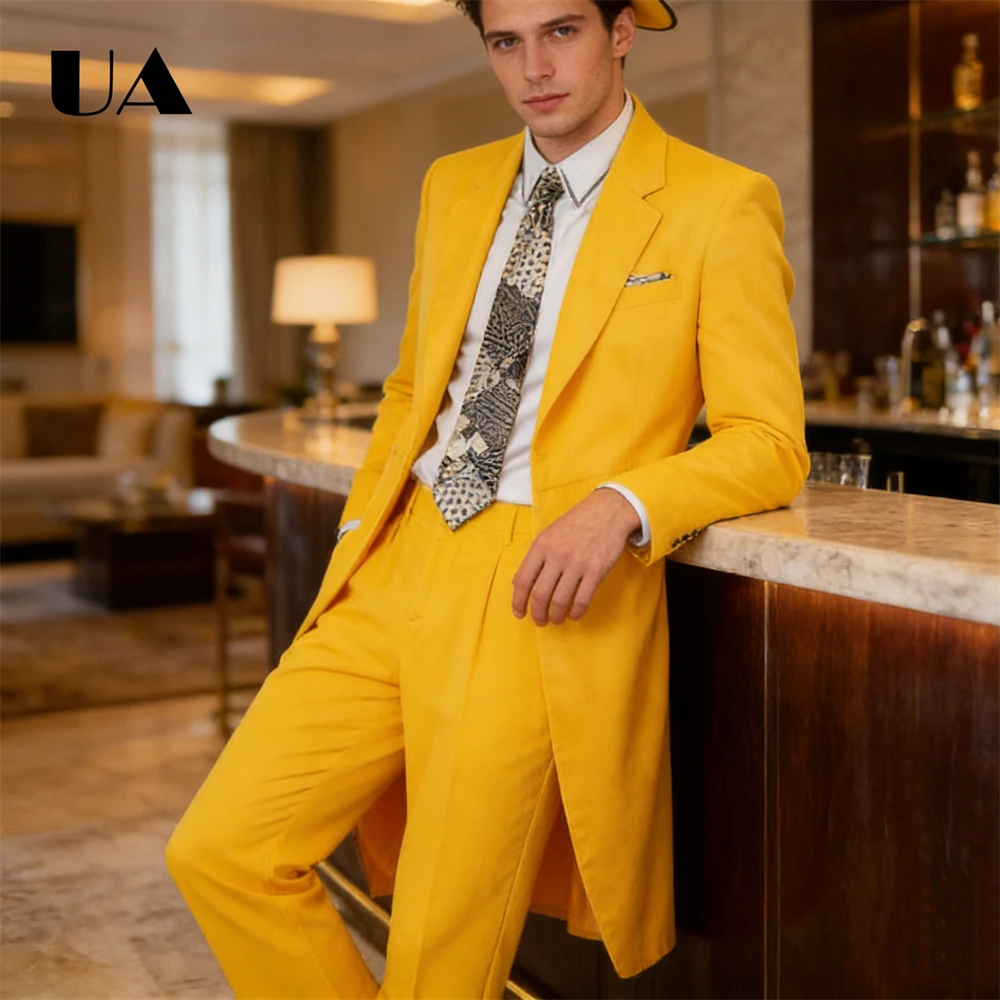 Men's Yellow Tailored Longline Suit 2-Piece Blazer & Pants Formal Cosplay Retro British Style Wedding Guest Party Outfit