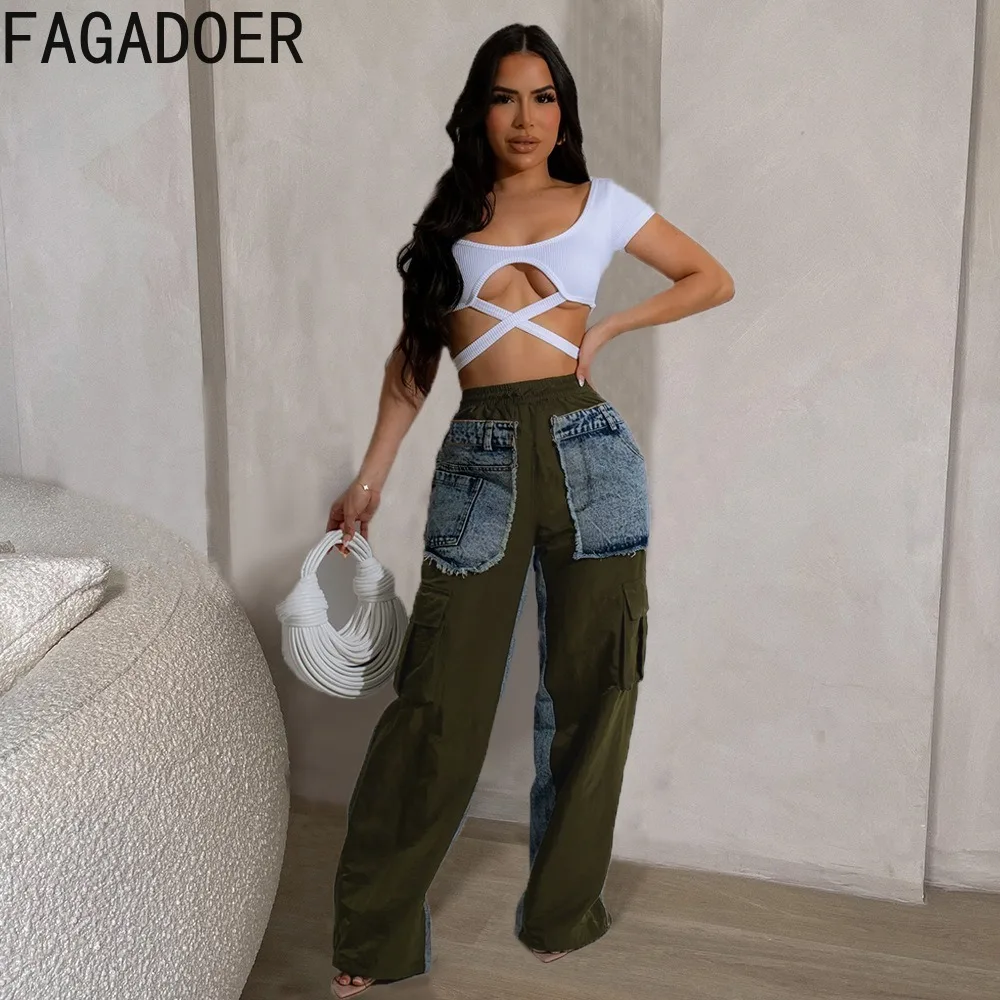 FAGADOER Fashion Streetwear Women Elastic High Waist Denim Splicing Pocket Straight Pants Casual Female Y2K Trend Trousers 2024