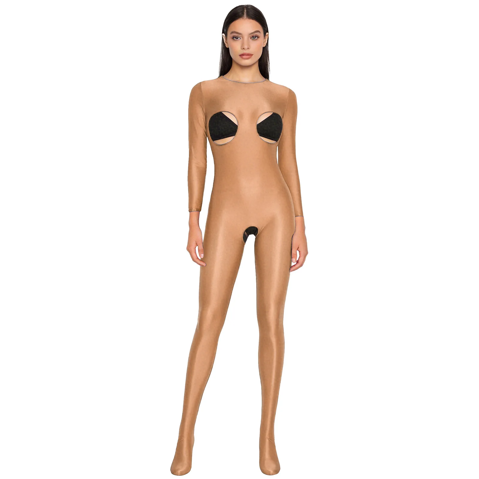 

Women's Glossy Stretchy Jumpsuit Nightwear Cutout Cup Open Crotch Long Sleeve Footed Bodysuit Tights Lingerie Rave Clubwear