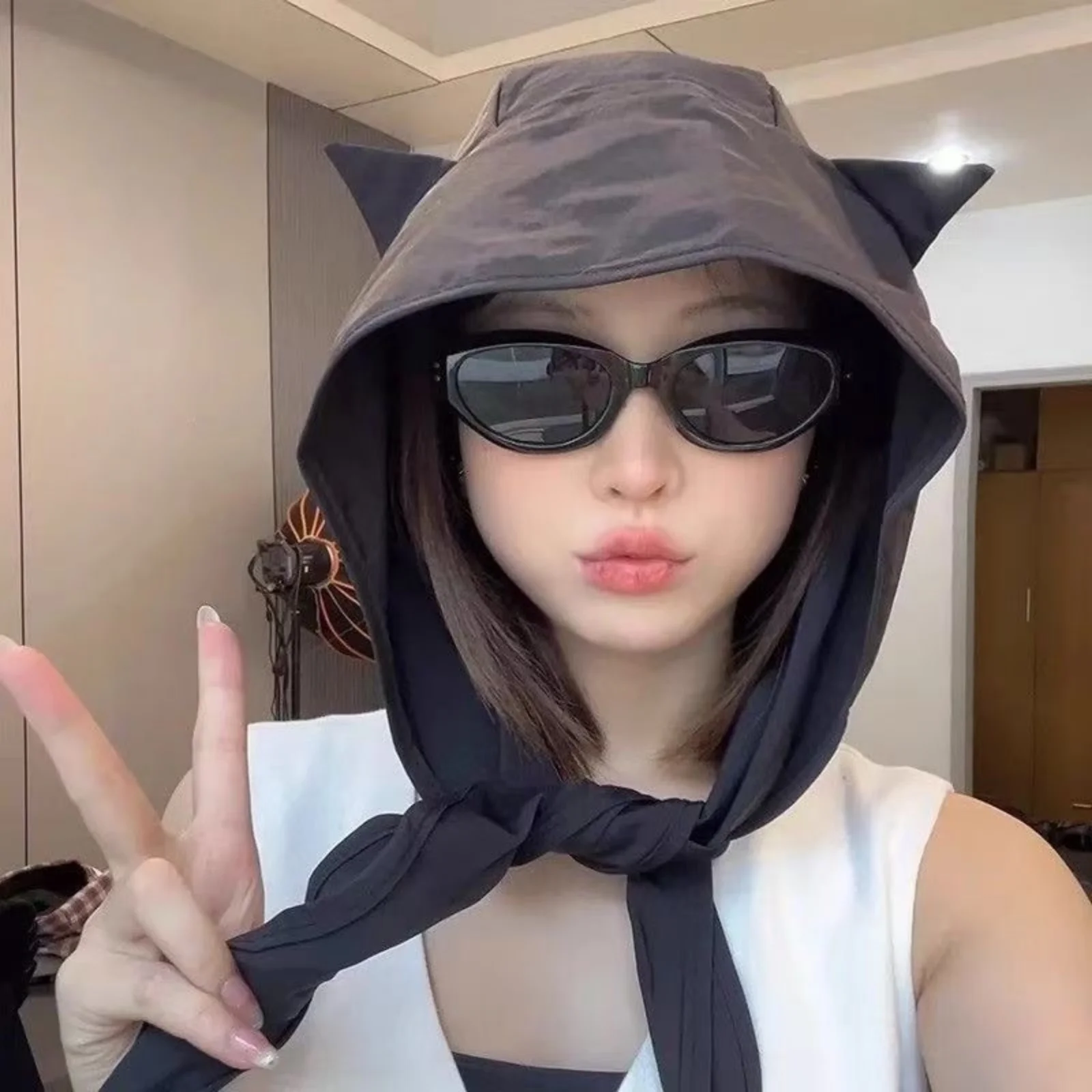Women Cute Devil Cat Ear Sun Hat Quick-Drying UV Protection Sun Visor With Tie-Up Strap Breathable Thin Ear Protection Headscarf