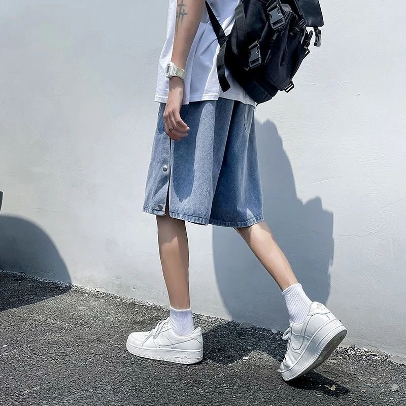 

Men's Casual Denim Shorts Button Fly Thin Light Summer Loose Wide Leg Mid-Length Fashionable Easy Match Daily Wear