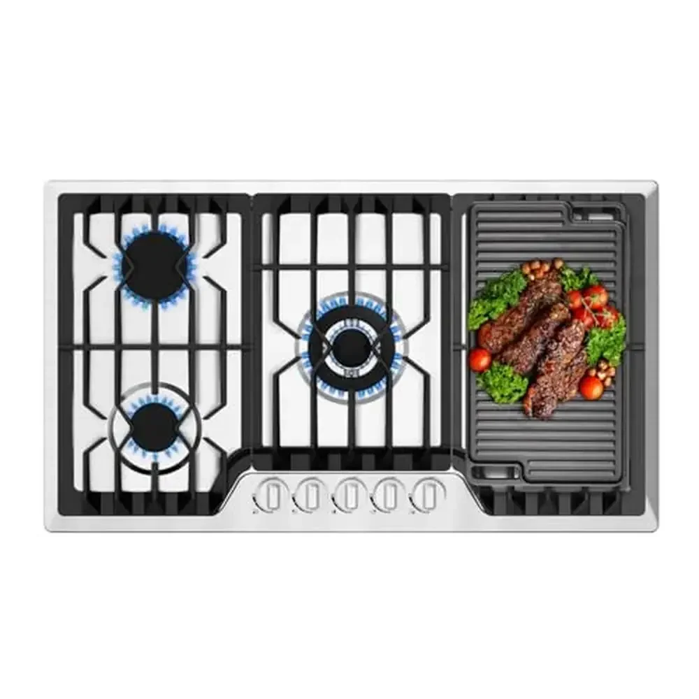 5-Burner 36" Gas Cooktop with Reversible Griddle Stainless Steel Built-in Stove