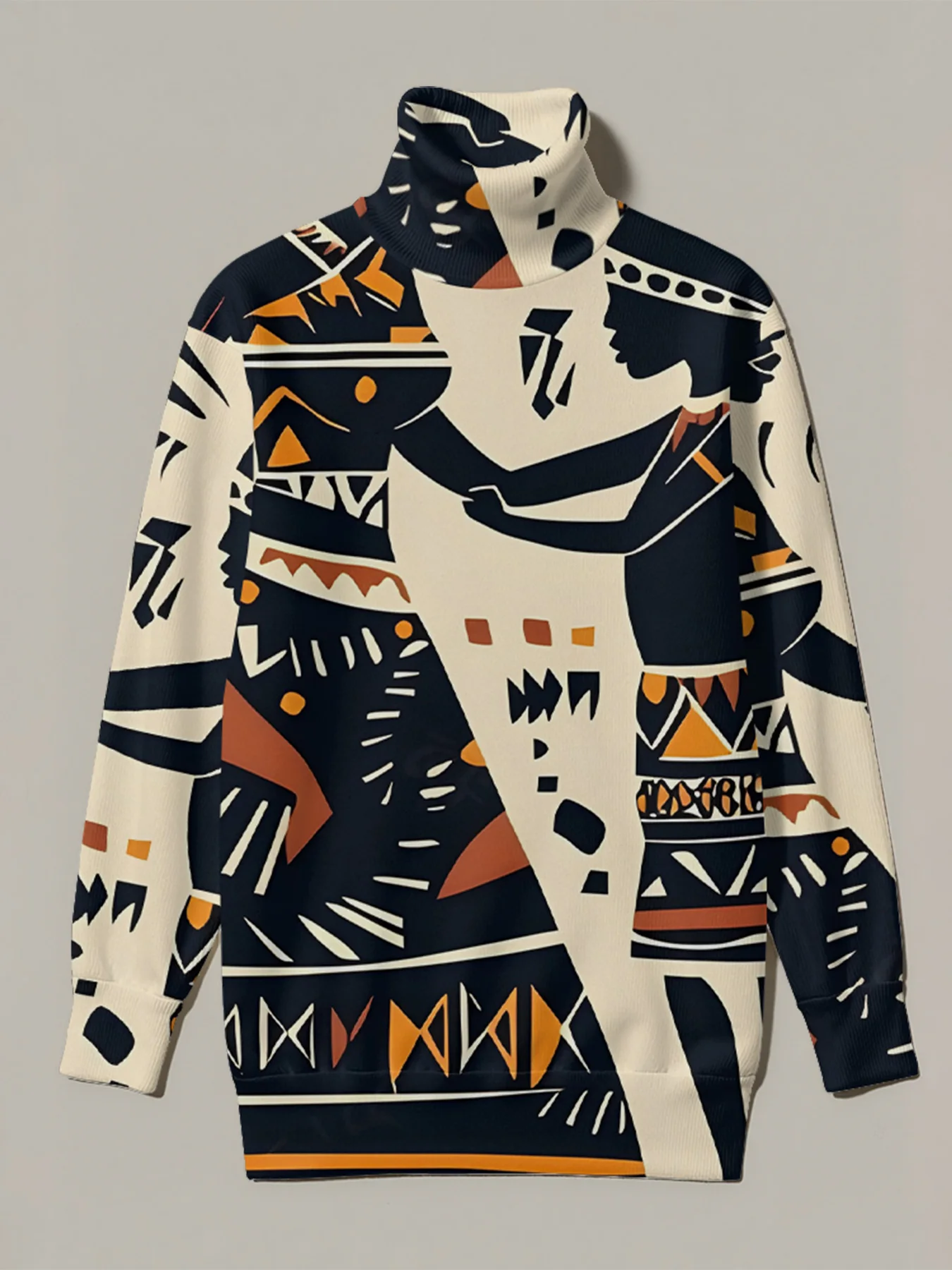 

Abstract Human Silhouette Print Turtleneck Sweater with Ethnic Multi-Color Geometric Accents Warm Abstract Design Winter Wear