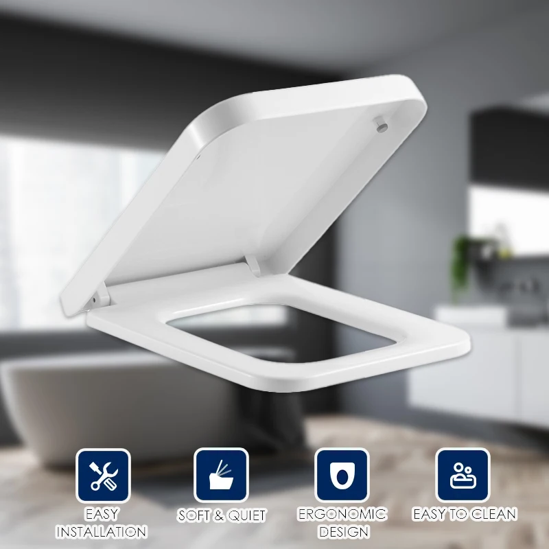 

Квадратное сиденье для унитаза и чехол с мягким закрытием, белая прямоугольная крышка с люком, быстросъемная, сверхмощная, легко чистящаяся крышка для ванной комнаты