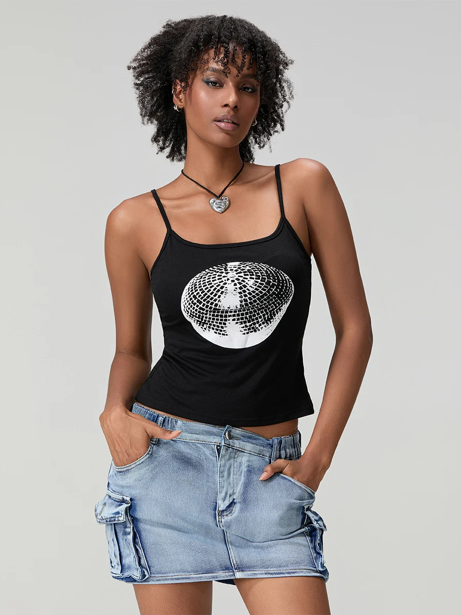 wsevypo Disco Ball Print Spaghetti Strap Camisole Punk Grunge Black Summer Vests Women's Sleeveless Slip Crop Top for Streetwear