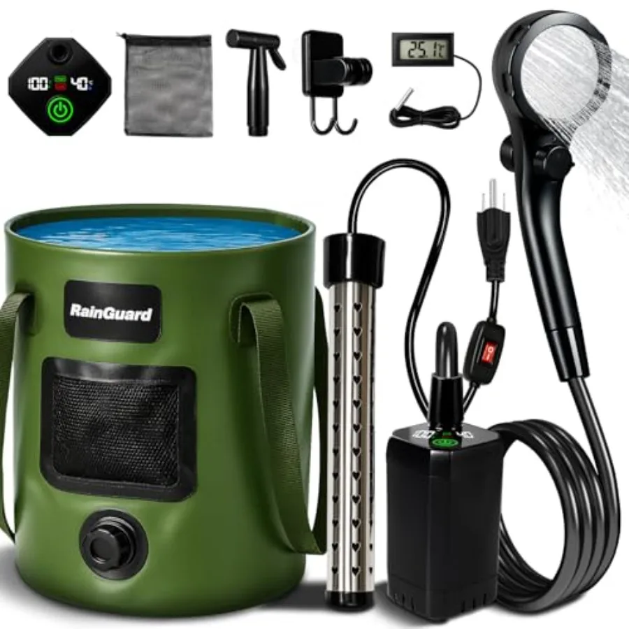 

Portable Camping Shower 6000mAh Rechargeable Shower Pump Large Capacity Foldable Bucket 6' 7" Filtered Shower Head Summer Beach
