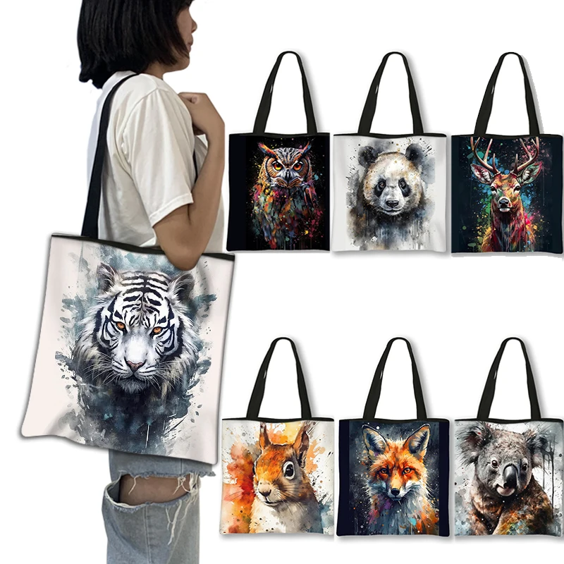 Animals Tiger Panda Fox Paintings Shoulder Bag Women Handbags  Causal Totes Bag  Eco Reuseable Large Capacity Shopping Bags Gift