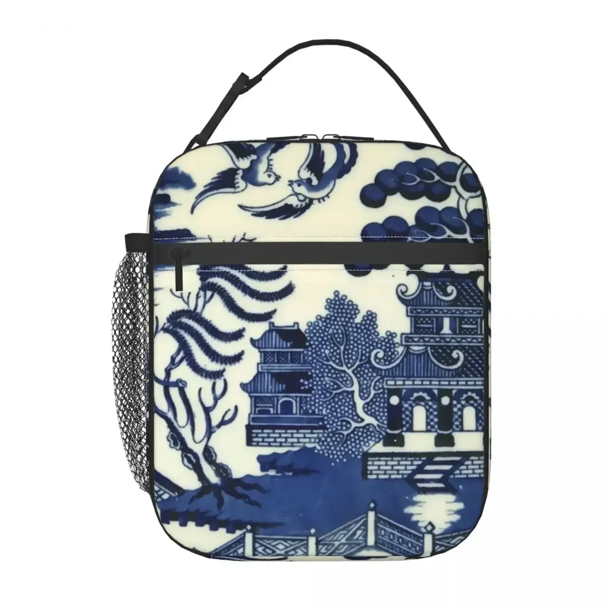 Antique Willow Ware Oriental Toile Thermal Insulated Lunch Bags Blue Delft Chinoiserie Pagoda  Container Outdoor Food Box