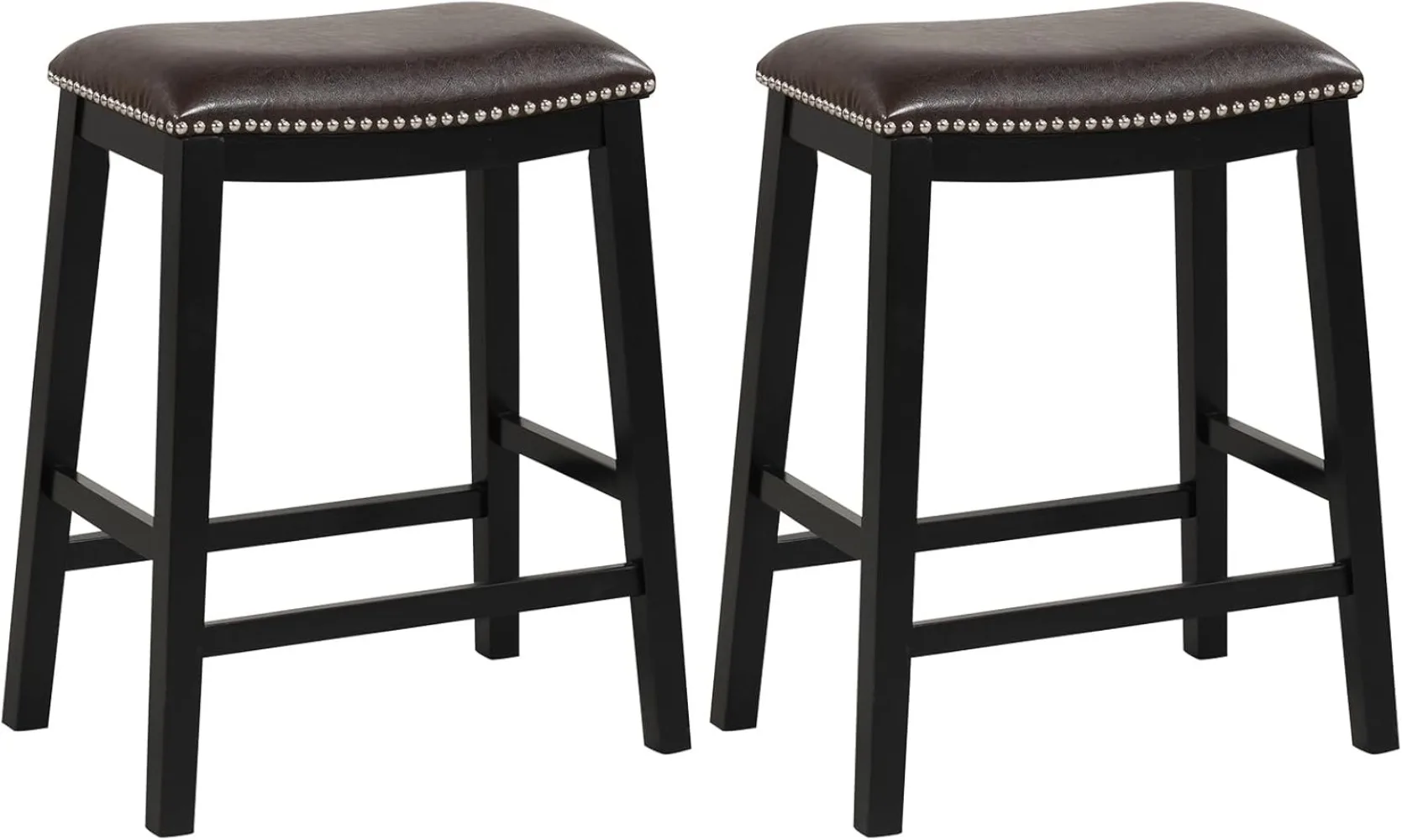 Faux PVC Leather Farmhouse Barstools W/Padded Seat, Wood Frame, Max Load 330 Lbs, Wood Saddle Bar Stools,Brown