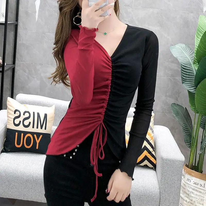 

Spring New Net Yarn Contrast Lacing T Shirts Long Sleeve V Neck Drawstring Pleated Slim Tops Tees Casual Fashion Women Clothing