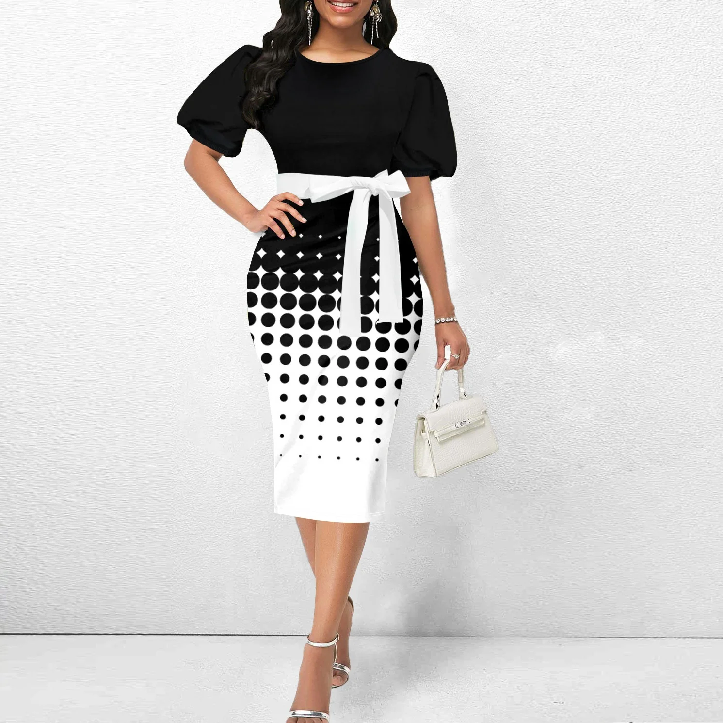 Feminino elegante cintura alta em torno do pescoço lanterna manga vestido impresso elegante estilo europeu e americano