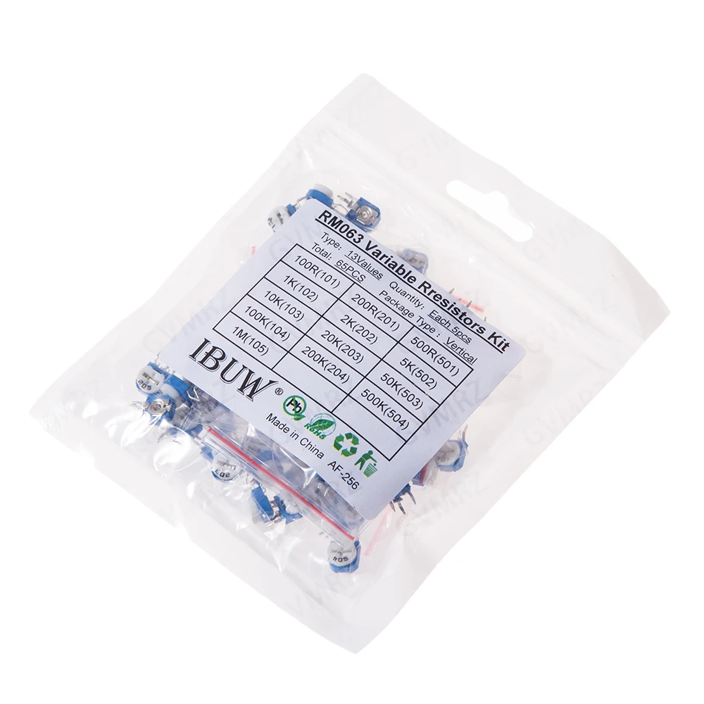 65PCS 5K 10K 20K 50K 13Values RM063 Vertical Variable Resistors Kit (100R-1MΩ) for PCB Circuit Adjustment 100R 200R 500R 1K 2K