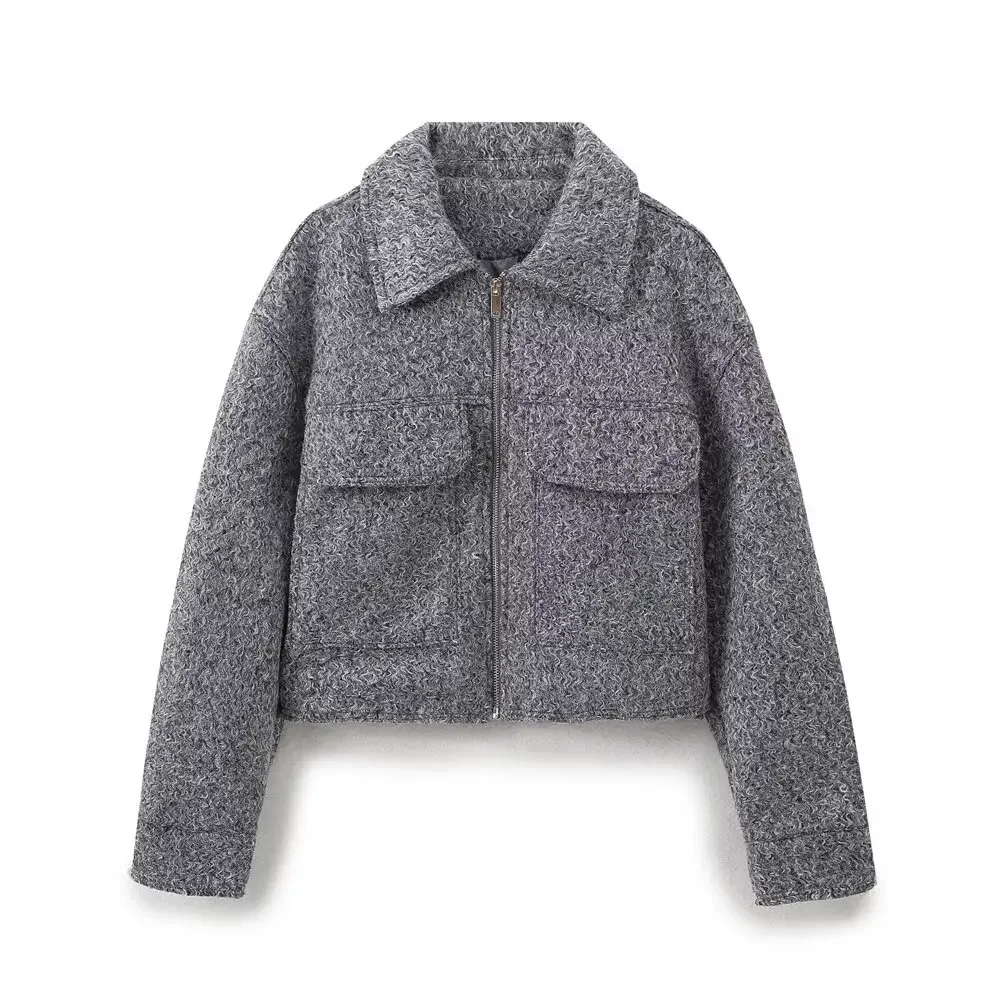 

Женская повседневная укороченная куртка с лацканами на молнии и двойными карманами, однотонная куртка с длинными рукавами, универсальный женский шикарный топ ранней осени