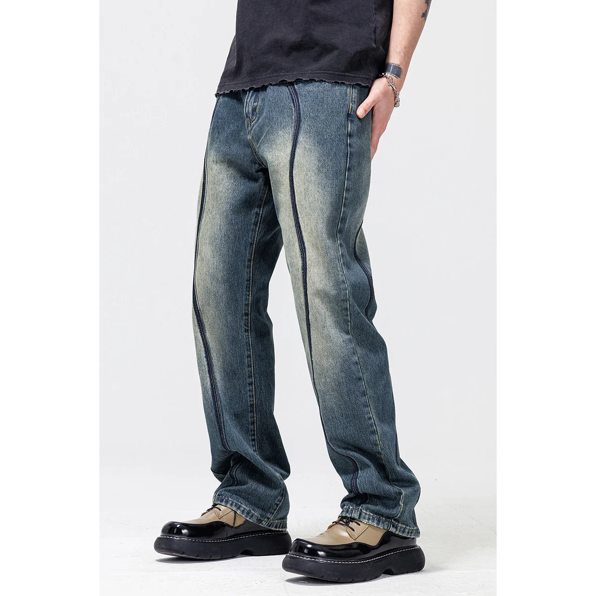 Personalized denim men's straight tube loose fitting vintage blue men jeans  American high street washed spring and autumn pants