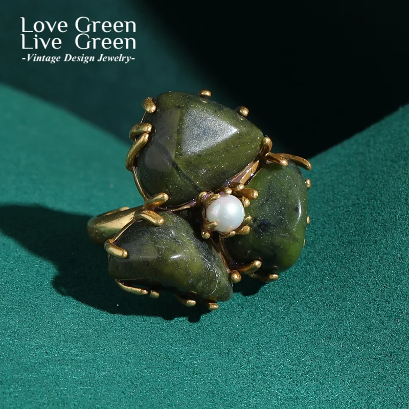 

Vintage Dark Green Agate Natural Stone Rings For Women Three Petal Flower Elegant Pearl Gold Color Jewelry Quality Wedding 2025