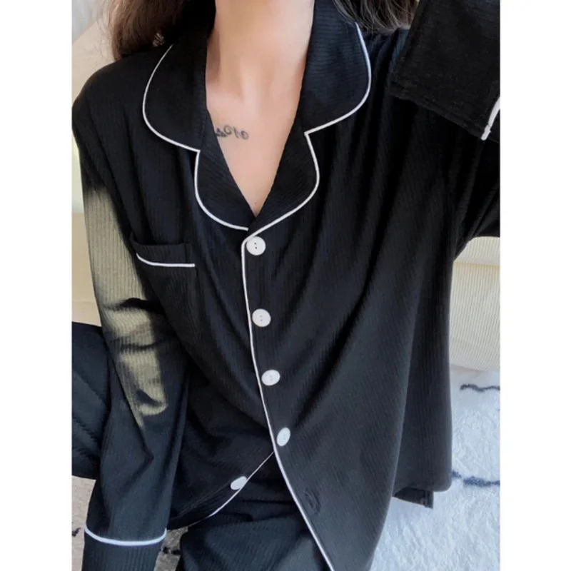 Women Long Sleeve Trousers Cotton Pajamas Dormir Lounge Sleepwear Solid White Pajama Mujer Bedroom Home Clothes Female Pyjamas