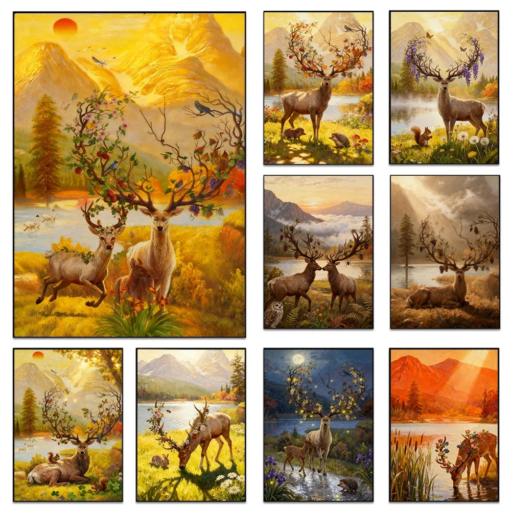 Fantasy Deer Elk Poster Print For Office Bedroom Living Room Home Decor Wonderful Landscape Wild Animal Canvas Painting Wall Art