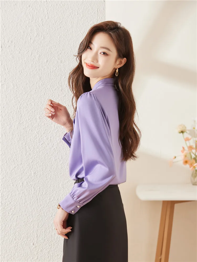 Women's Long Sleeve Blouse with Bow Tie Elegant and Youth Female Shirt Purple Tops Office Outfits Fashion Autumn Spring 2023