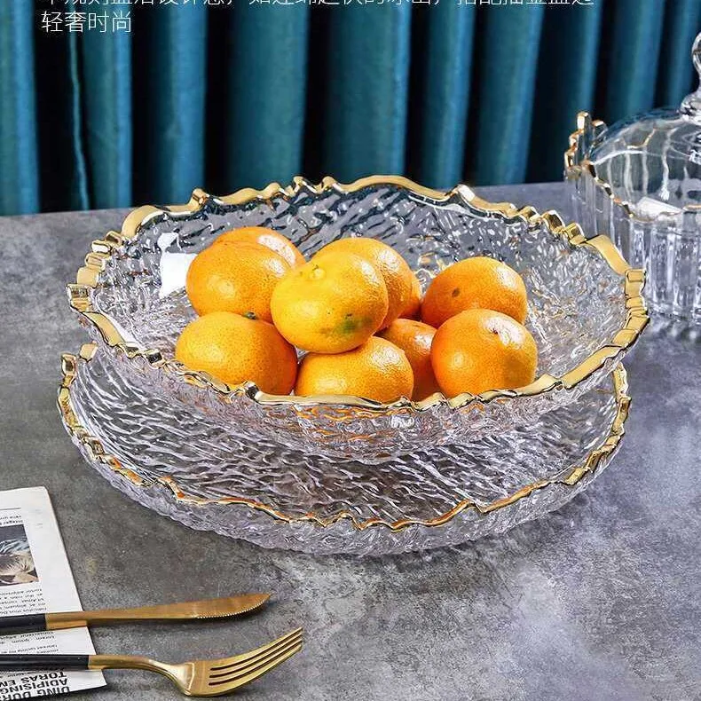 HYS light luxury gold-painted fruit plate household living room coffee table ornament candy snack display plate high value