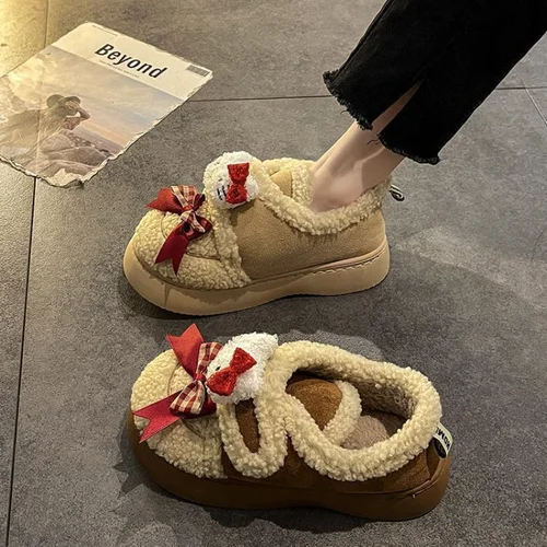 산리오 헬로 키티 여성용 귀여운 벨크로 활 면 슬리퍼, 겨울 겉옷, 두꺼운 밑창 벨벳 보온 가방, 면 신발, 신상 