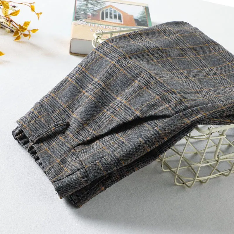 Office Lady Slim Woman Clothing Plaid Suits Pants Spring Autumn New Korean Fashion Vintage High Waist Straight Casual Trousers