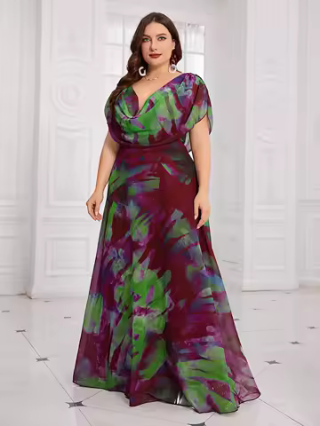 UNITHORSE Plus Size Women's Random Cuts Floral Watercolor Print Chiffon Dress Long Evening Gown with Draped