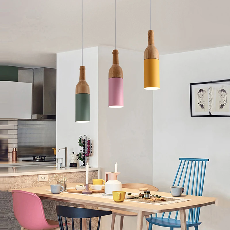 Nordic Macaron Long Tube Pendant Lights Hanging Kitchen Light Wine Bottle Chandelier Dining Room Table Bar Lustre Wood Pipe Lamp