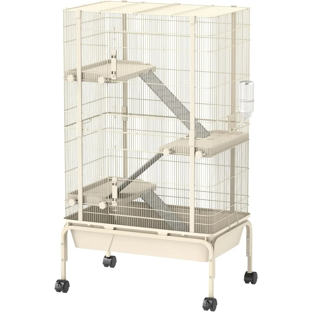 

47" Small Animal Cage, 4 Levels Large Rolling Metal Ferret Chinchilla Rabbit Cage with 5.9" Deep Tray, 3 Ramps, Water Bottle, F