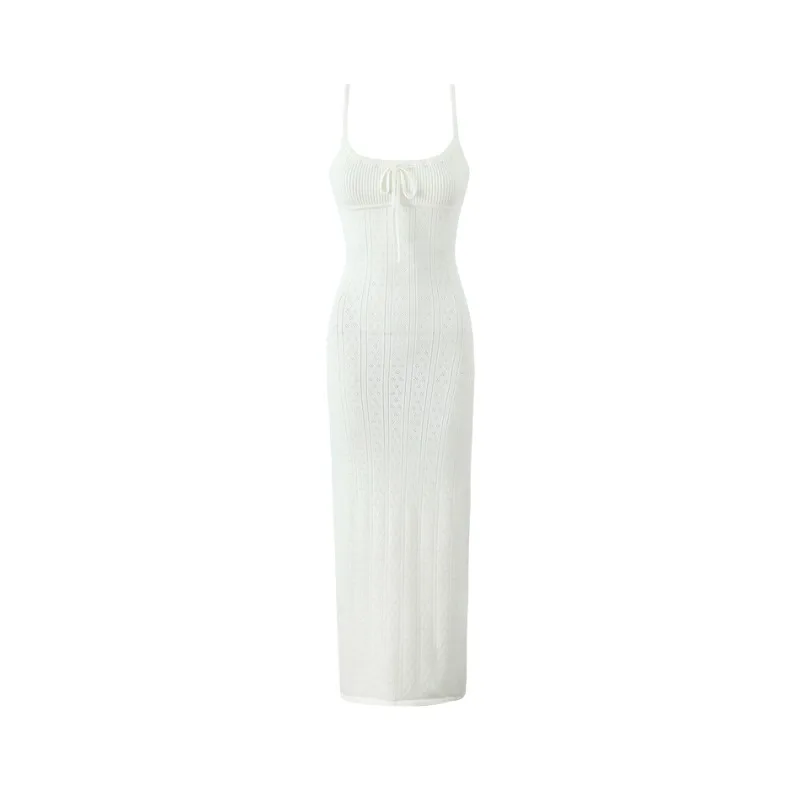 MYLA-Robe Maxi en Tricot Blanc et Noir pour Femme, Camisole Ajourée à Lacets