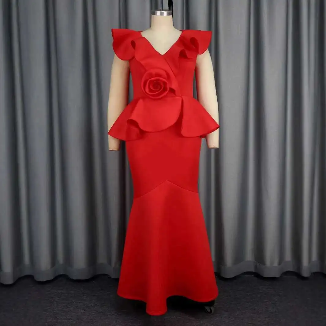 AM 041113   Lente/zomer nieuwe elegante feestjurk met V-hals en ruches