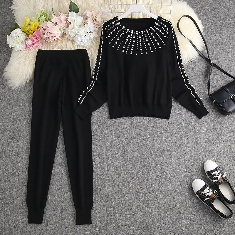 ALPHALMODA 2023 New Heavy Work Pearl Sweater Pants 2pcs Fashion Suit Women Luxury 2pcs Clothes Set Sweater Pants Matching Suits