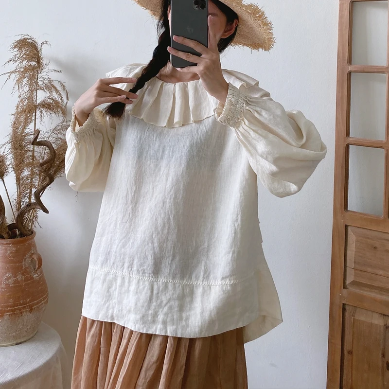 Johnature 2024 New Ruffles Collar Simple Vintage Linen Women Solid Color Shirts Spring Autumn Loose All Match Female Blouses