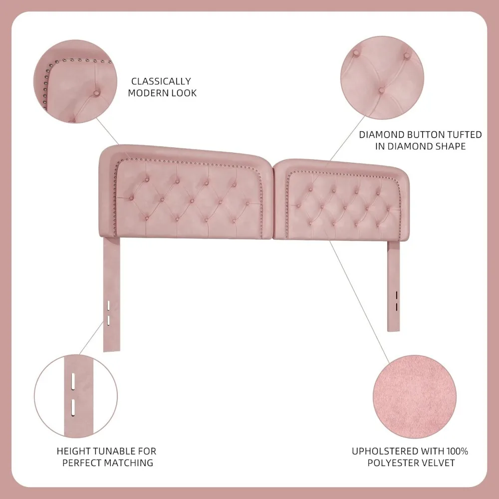 لوح رأسي منجد معنقدة بحجم كوين، ارتفاع قابل للتعديل، هيكل من الخشب الصلب، متين مع زخرفة رأس الأظافر، غرفة نوم أنيقة #5