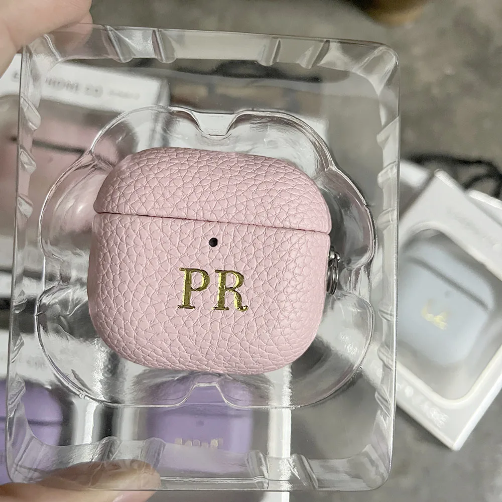 Personalized Initials Letters Customize Earphone DIY Case For Airpods 1 2 3 4 Pro 2 Luxury Lychee Skin Pattern With Keychain
