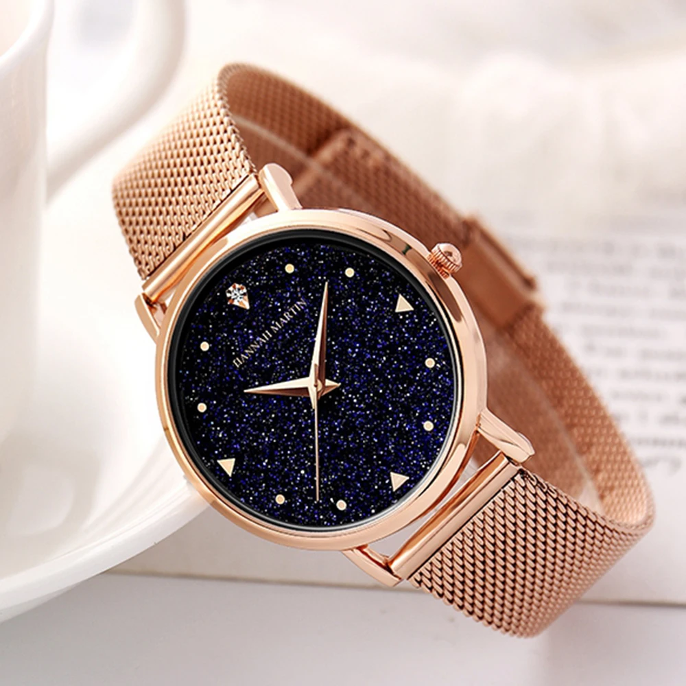 HANNAH MARTIN Brand Fashion Women Watch Luxury Rhinestone Starry Sky Dial Ladies Waterproof Stainless Steel Strap Couple Watch