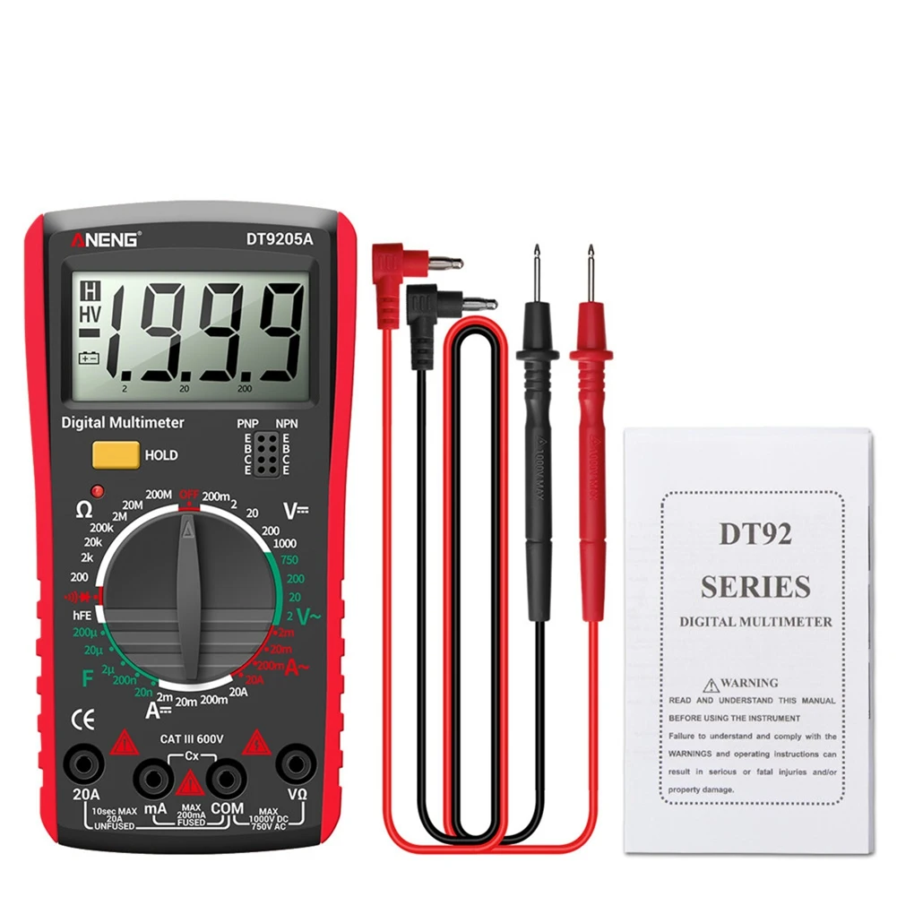 ANENG DT9205A Digital Multimeter AC/DC Transistor Tester Electrical NCV Test Meter Profesional Analog Auto Range Red