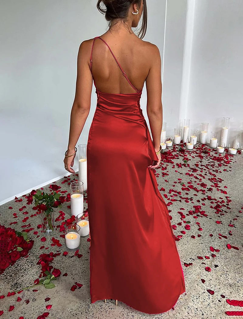 Fashion Women Satin One Shoulder Evening Dresses Elegant Sleeveless Slim Party Dress Sexy Split Female Bridesmaid Wedding Dress