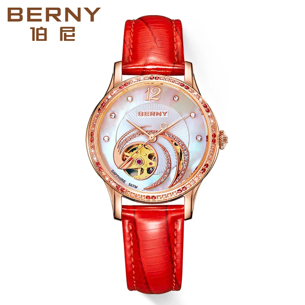 BERNY Automatic Watch Women Skeleton Miyota Luxury Gold Watch Sapphire Leather Strap Waterproof Self-winding Mechanical Watch