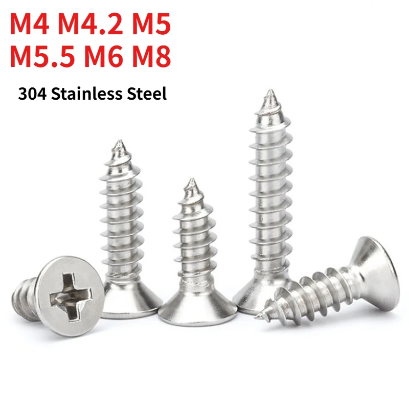 Length: 6–150 mm M4 M4.2 M 5M5.5M6M8 DIN7982 304 Stainless Steel Phillips Countersunk Head Self Tapping Screw Cross Flat Head A2