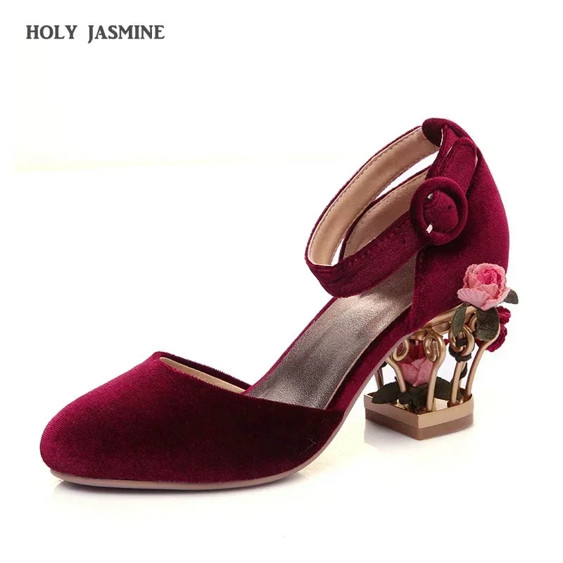 Fashion Flower Spring/summer Sandals Hollow High Heels Golden Velvet Round Toe Women Pumps Shoes Large Size 34-43 Women Sandals