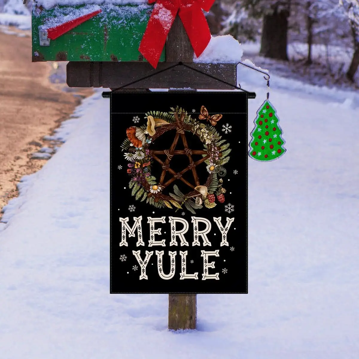 Sunwer Merry Yule Garden Flag Holly Pentagram Pagan Winter Solstice Holiday Party Decoration Outdoor Front Lawn Yard Patio Decor