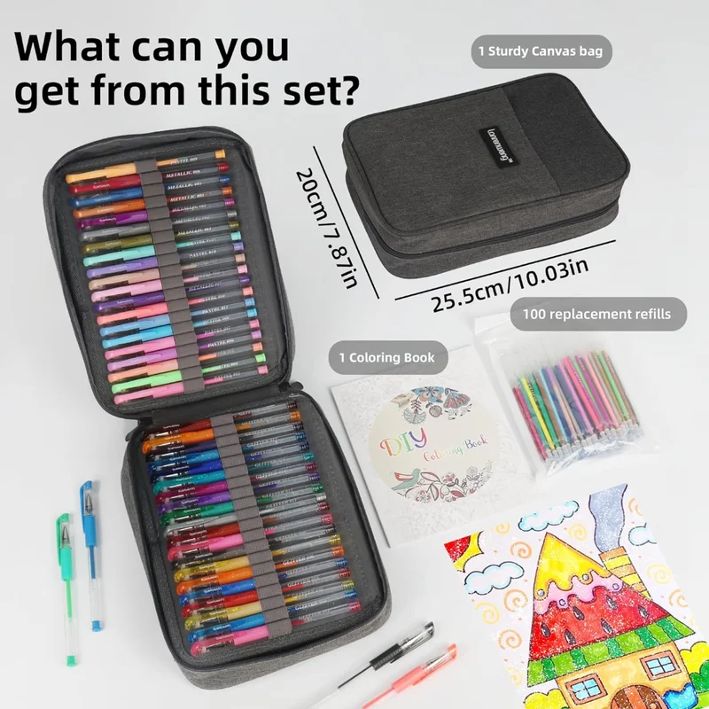 Gel Pens, 200 Pack Artist Colored Gel Pen Set for Adult Coloring Books, Bonus Black Case, Perfect for Drawing Doodle Crafts Journaling Planner