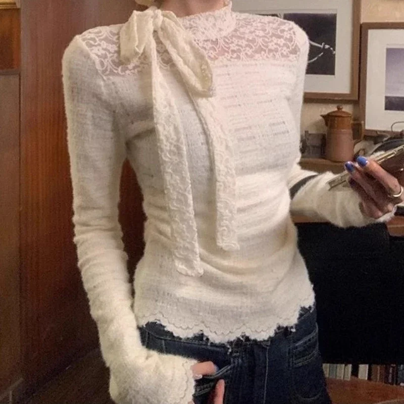 

Lace Half-high Collar Long Sleeve Women's Autumn Bow Tie Bottoming Shirt