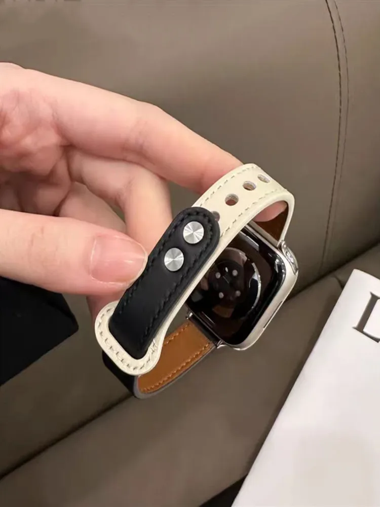 Correa de cuero fina para Apple Watch, banda de 40/44mm, 7 8SE, 6, 5, 4, 38/42, lazo de mujer para Iwatch 41/45mm, 49, Ultra 3, 2, 1, hebilla de doble clavo