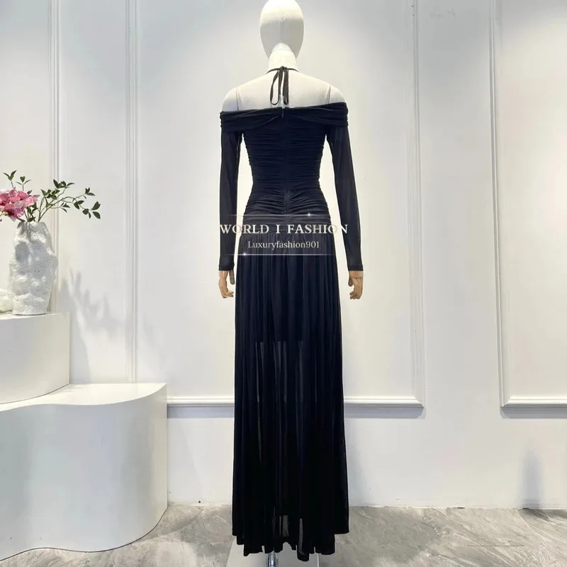 Otoño nuevo estilo Casual mujeres que usan 2025 negro plisado manga larga fuera del hombro Halter recortado vestido Midi