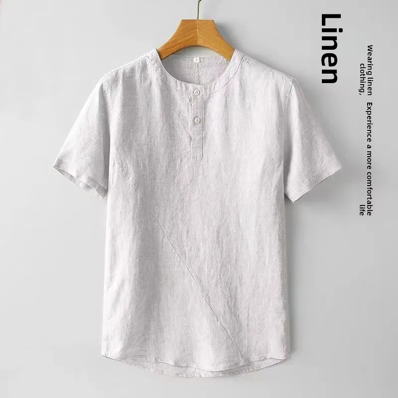 

New Summer Thin Linen ort Sve Men's T-irt Loose Casual Cotton Linen Sle Faion Retro Men's Wear round Ne Color