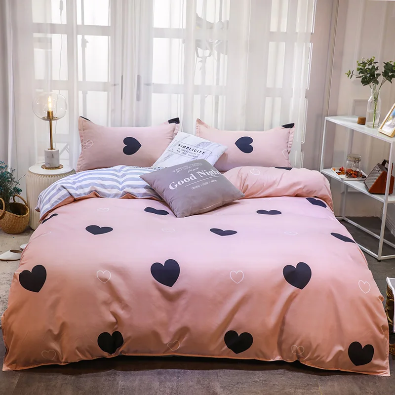 Pink Heart Duvet Cover Set Single Bedding Set 3 Pieces, Soft Comfy Microfiber Love and Stripe Pattern Reversible Quilt Cover